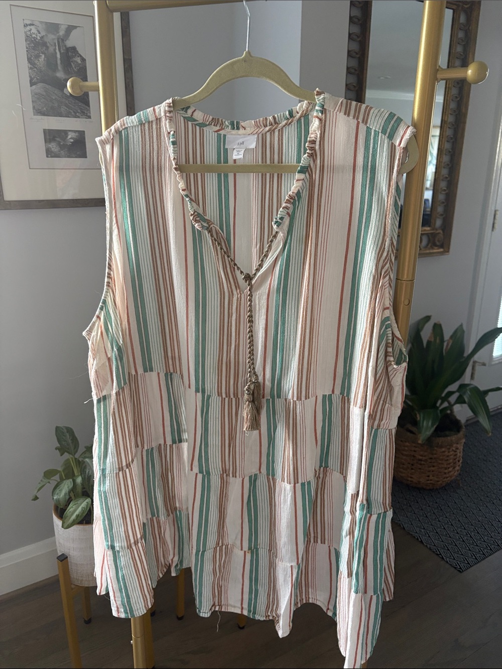 J. Jill Cream Tank Top with Teal & Rust Stripes